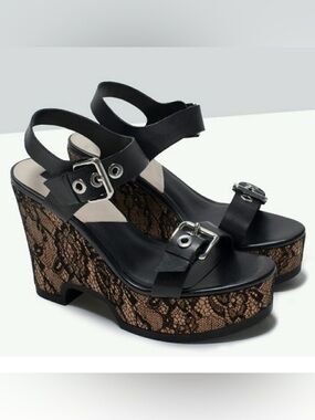 Zara Authentic Genuine Leather Floral Lace Wedges NWT size  8